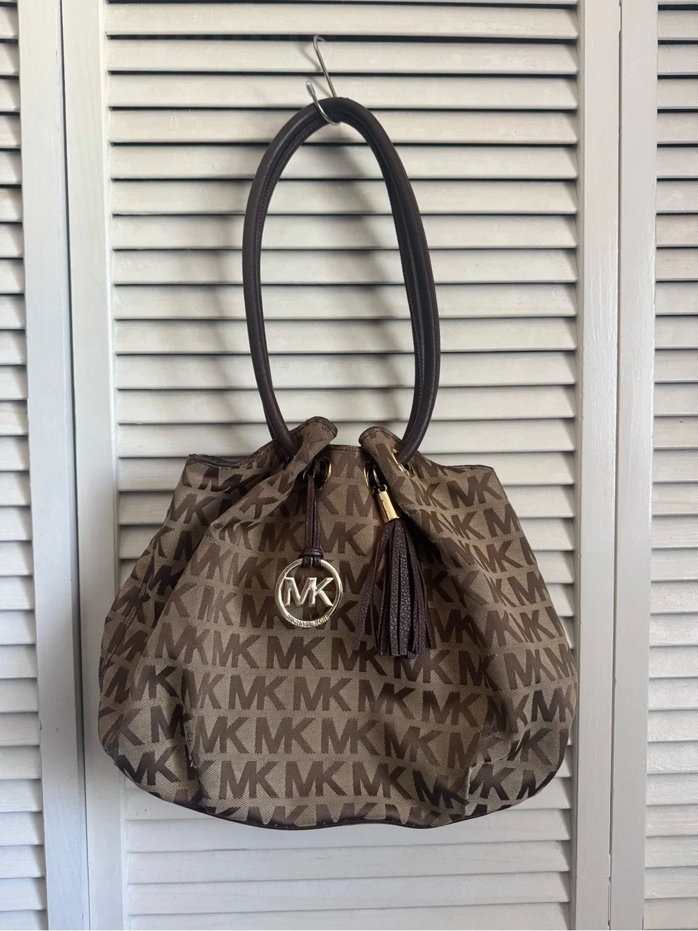 Michael Kors Brown MK Logo Shoulder Bag with Tassel Charm